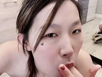 See this red-hot Chinese nubile give a manstick-inhaling and guzzle-jism-enjoying SUCK OFF in Pov